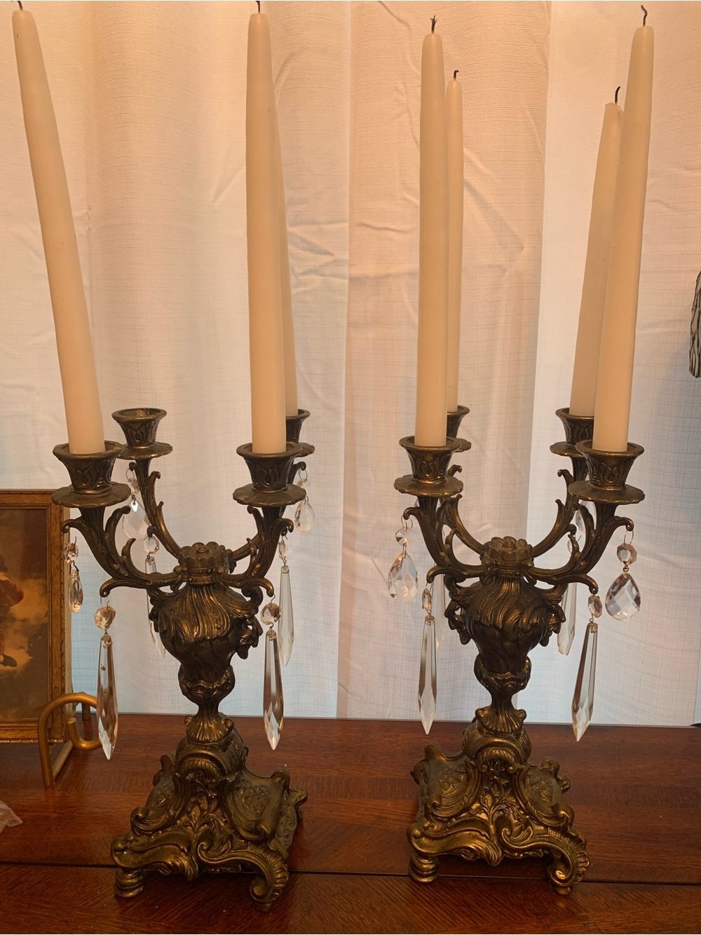 Ornate Brass Four Arm Candelabra Pair in Gold.  Glass tear drops